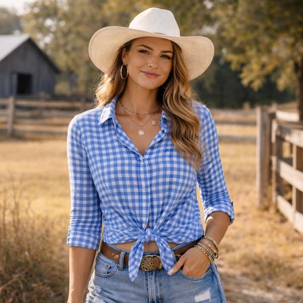 Blue White Gingham Button Down Shirt Women's Western Tie Front SZ 00 | J. Crew